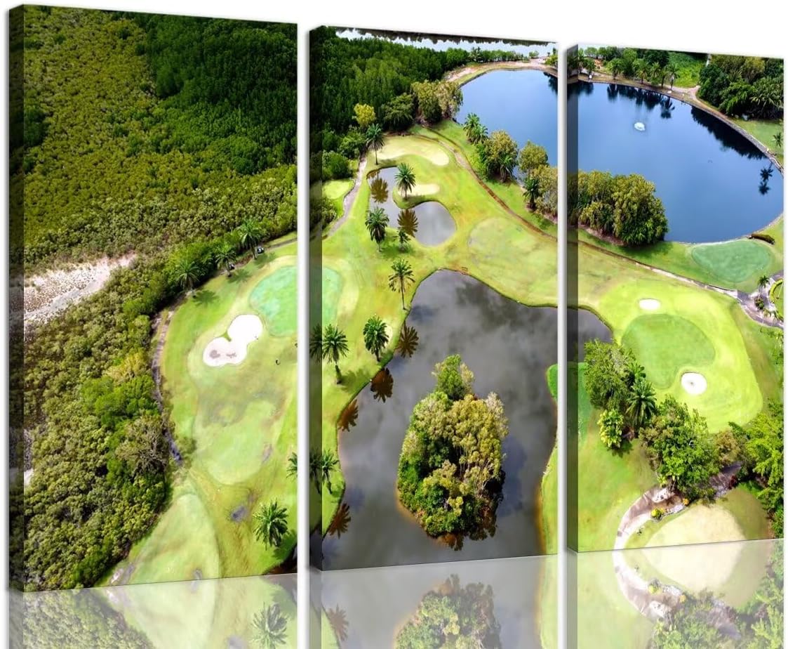 chenchenArt Golf Course Wall Art for Living Room Bedroom Bathroom Home Decorations Lake and Golf Course Pictures Posters Canvas Prints Modern Artwork for Office Framed Ready to Hang(14''W x 28''H x3)