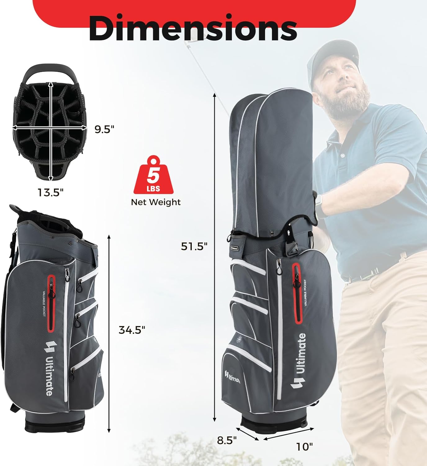 ULTIMATE Golf Cart Bag w/ 15-Way Top Dividers, Lightweight Portable Golf Club Bag w/Individual Putter Holder, 7 Pockets, Cooler Bag, Rain Hood, Umbrella Holder, Padded Shoulder Strap & Handle