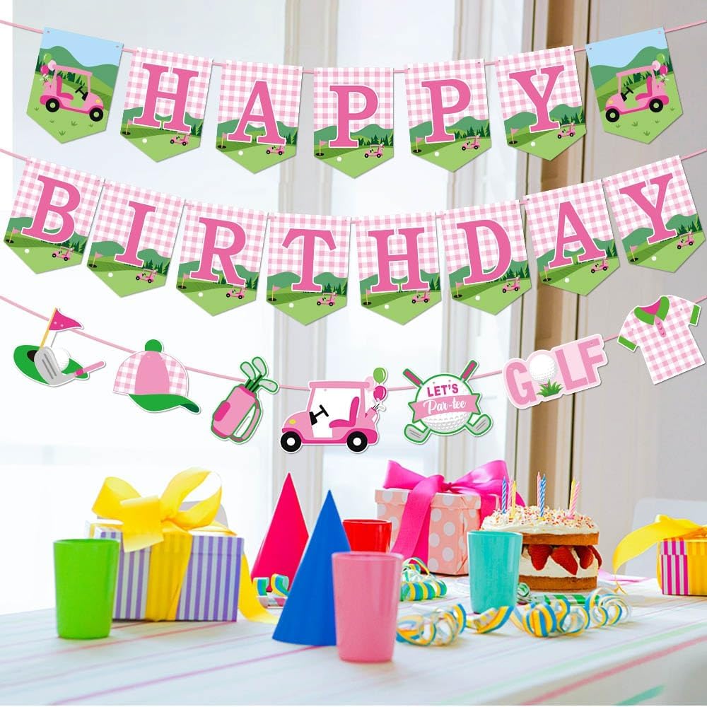 3PCS Pink Golf Birthday Banner for Girl Golfs Party Decorations Golf Theme Happy Birthday Banner Garland Sign Golfs Ball Partys Hanging Banners for Sports Theme Party Baby Shower Supplies