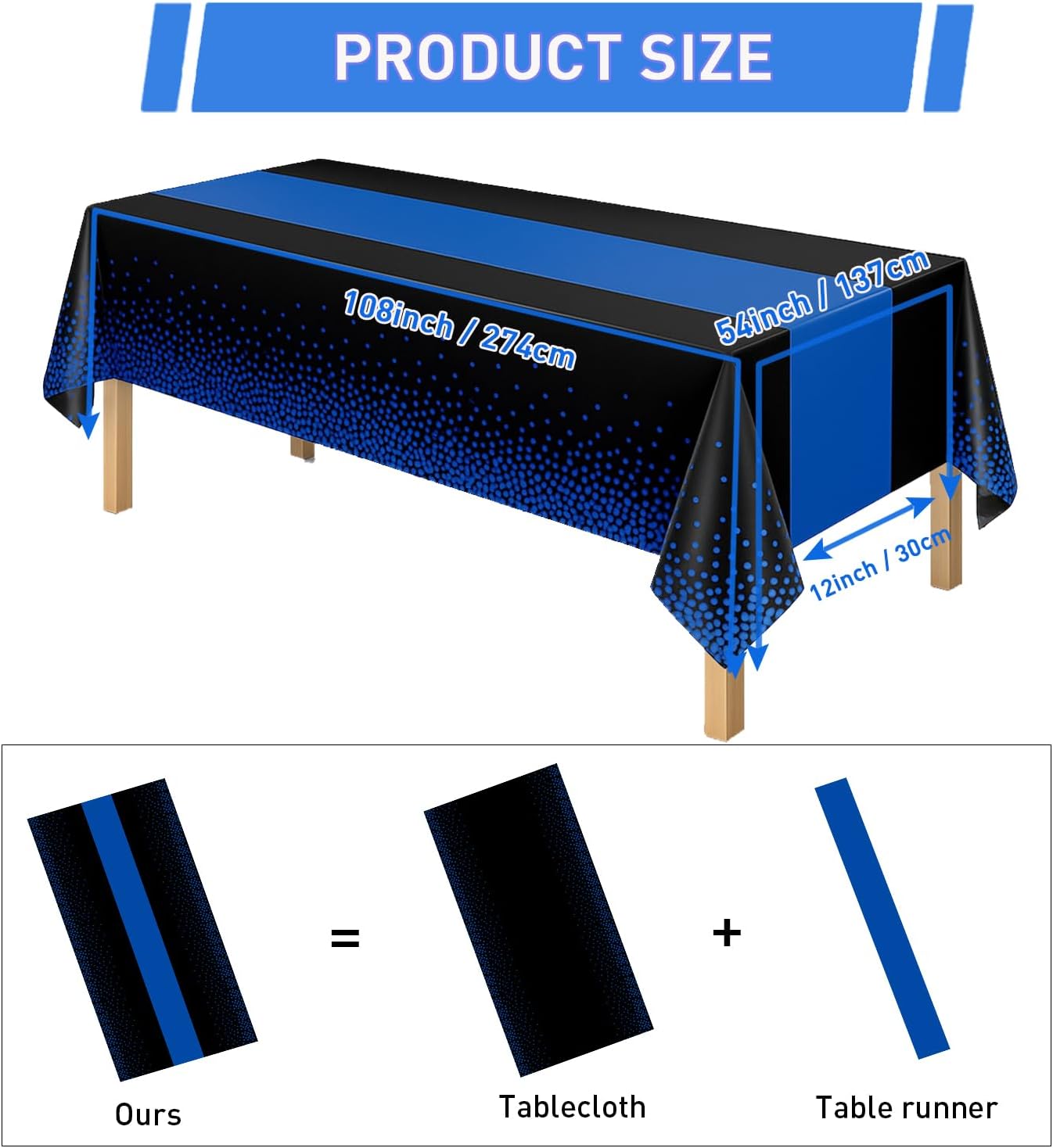 2in1 Disposable Plastic Tablecloths 54" x 108" Black and Blue Dot Kitchen Table Cloth Rectangle Table Cover for Wedding Birthday Baby Shower Anniversary Christmas Graduation (Black/Blue, 8 Pack)