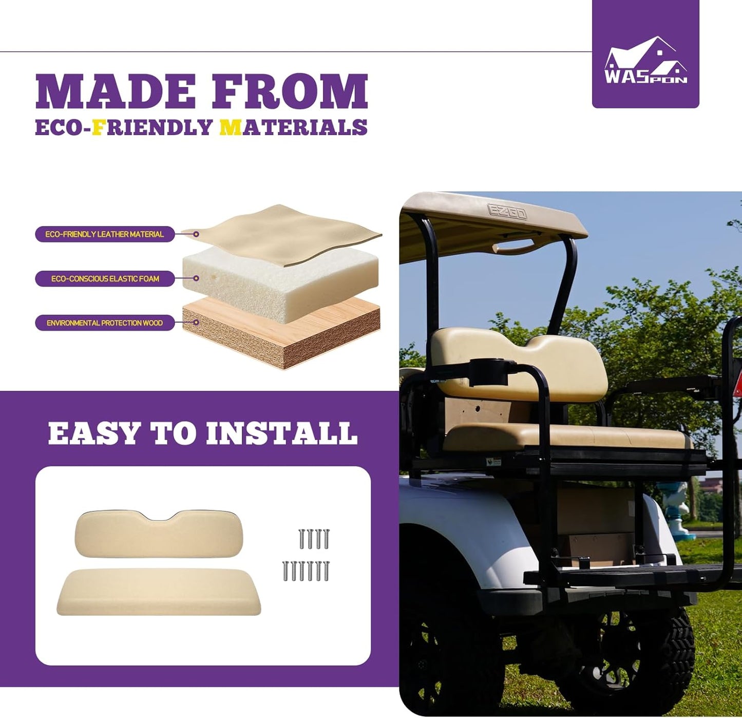 Universal Golf Cart Rear Seat for EZGO/Club Car/Yamaha Replacement Kit, Bottom Cushion and Back Cushion Set, Tan