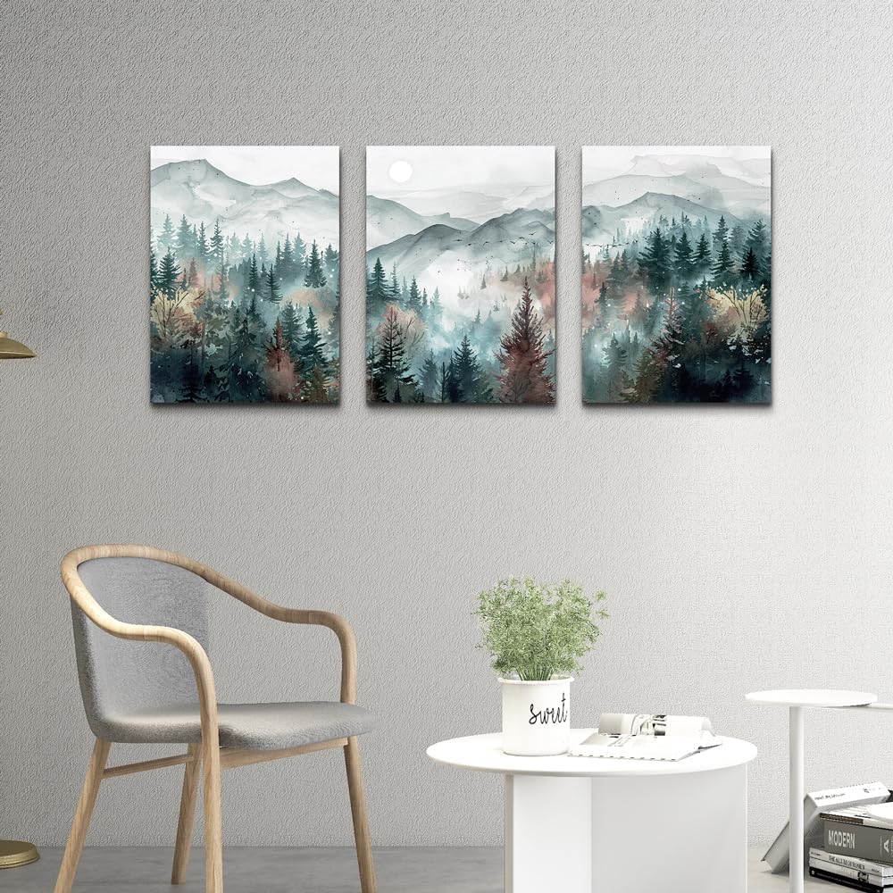 TTHYUEWS Wall Art For Living Room Farmhouse Decor For Bedroom Office Fog Forest Mountain Landscape Watercolour Paintings Artwork Ready To Hang Home Decorations 3 Piece