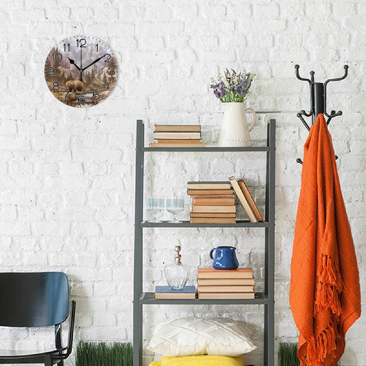 Grizzly Bear Wall Clock Battery Operated Non Ticking Silent Quartz Analog Rustic Farmhouse Round Clock Retro Decor for Home Kitchen Living Room Bathroom