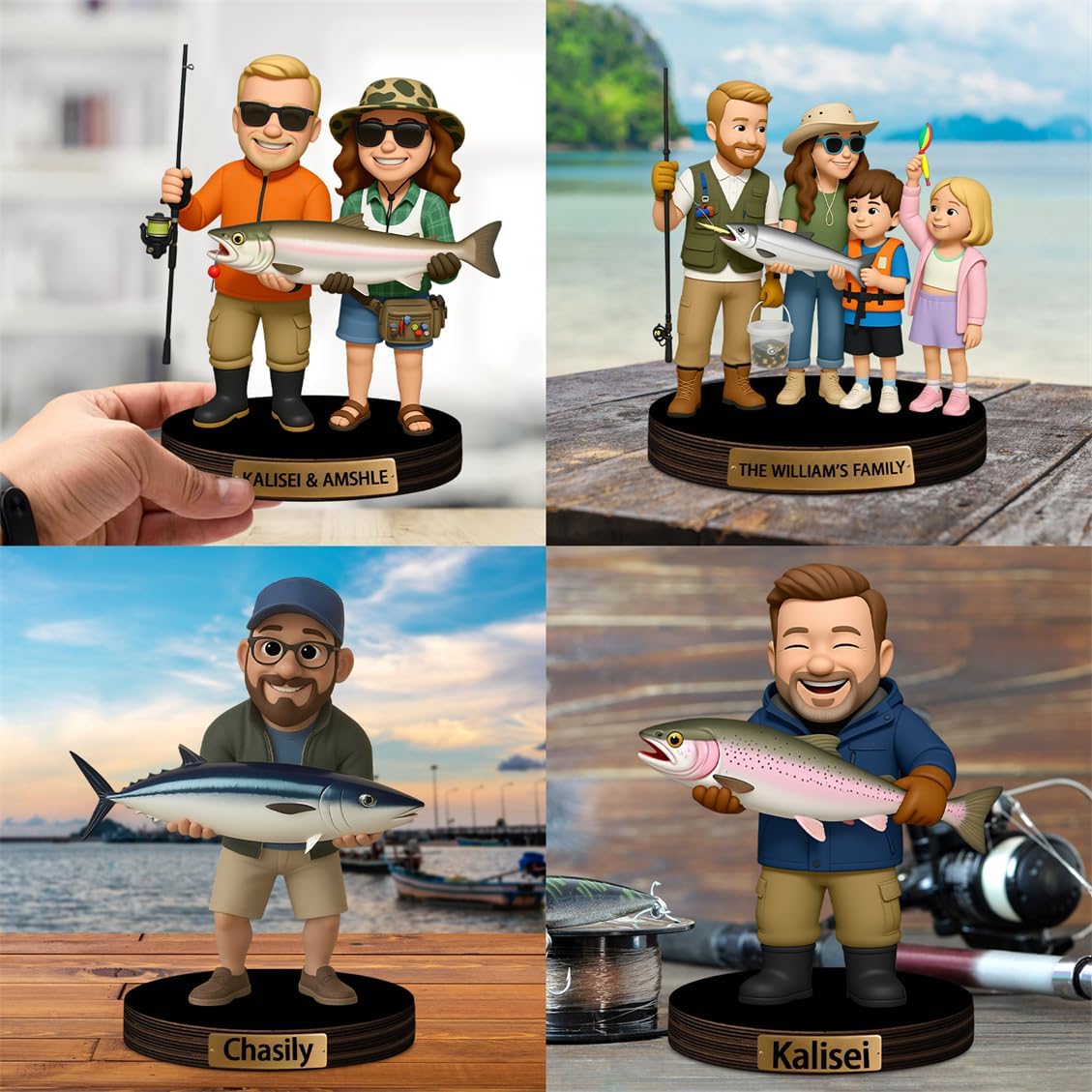 Personalized Family Photo Cartoon Desktop Ornament Custom Fisherman Portrait Figurine Plaque with Name Picture Acrylic Sculpture Desk Sign for Men Women Family Lover Christmas,01