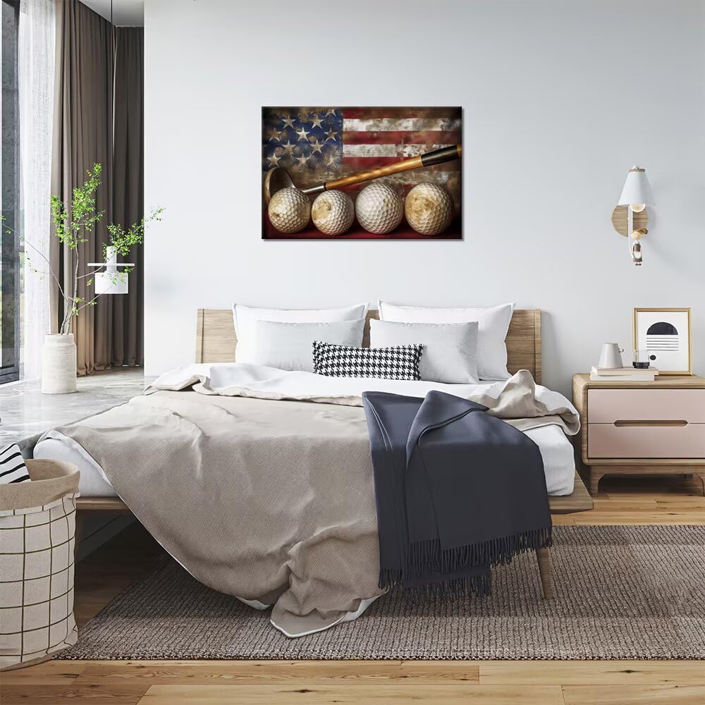 Golf Canvas Wall Art Vintage Golf Ball with American Flag Painting Artwork Leisure Sports Poster Golf Pictures for Living Room Office Club Home Decorations Framed Ready to Hang (28 x 44 inch)