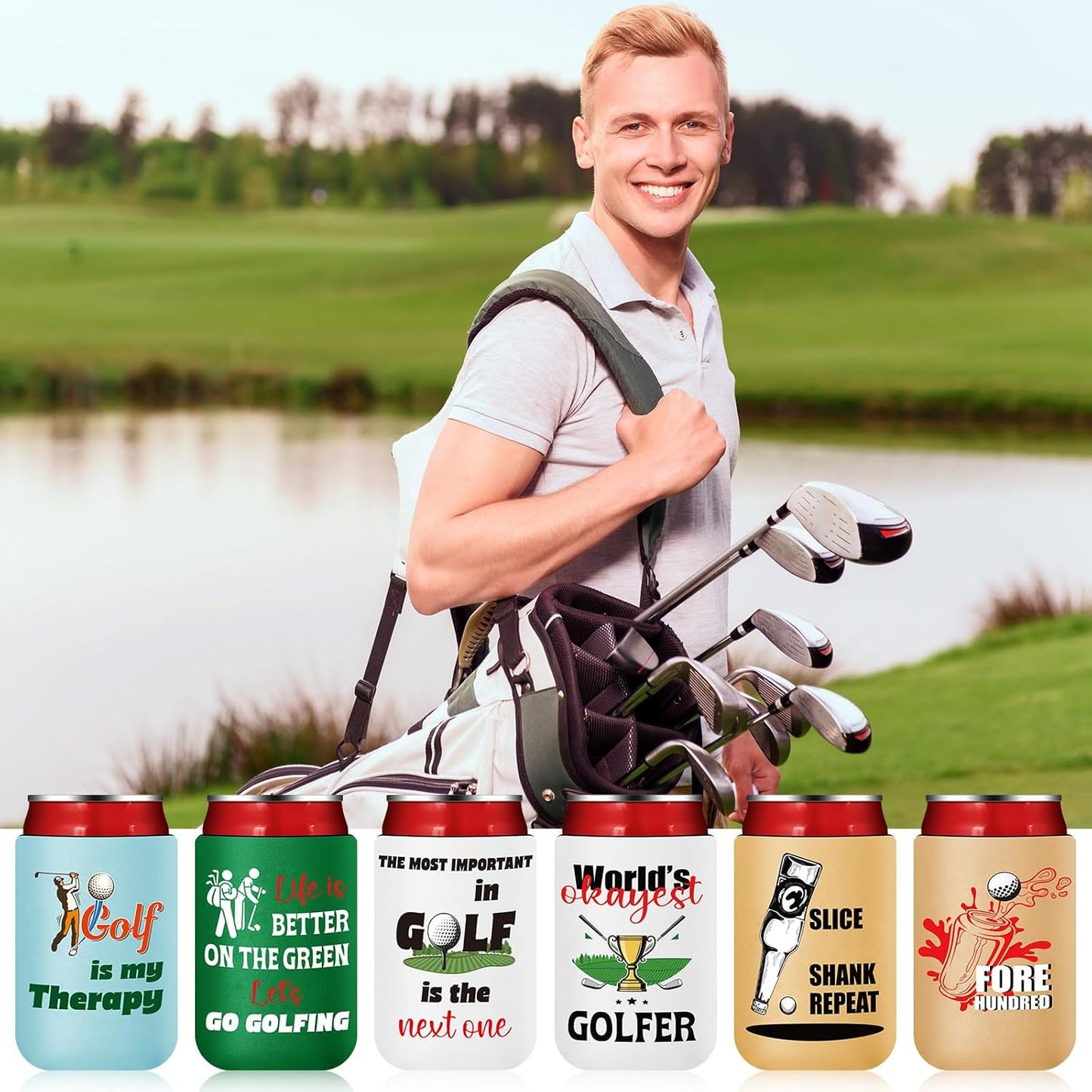 Domensi 16 Pcs Golf Gifts Funny Golf Party Themed Can Cooler Insulated Can Sleeve Bulk Golf Party Supplies for Golfer Game Outdoor Activities Decorations, 12 oz Can (Vibrant)