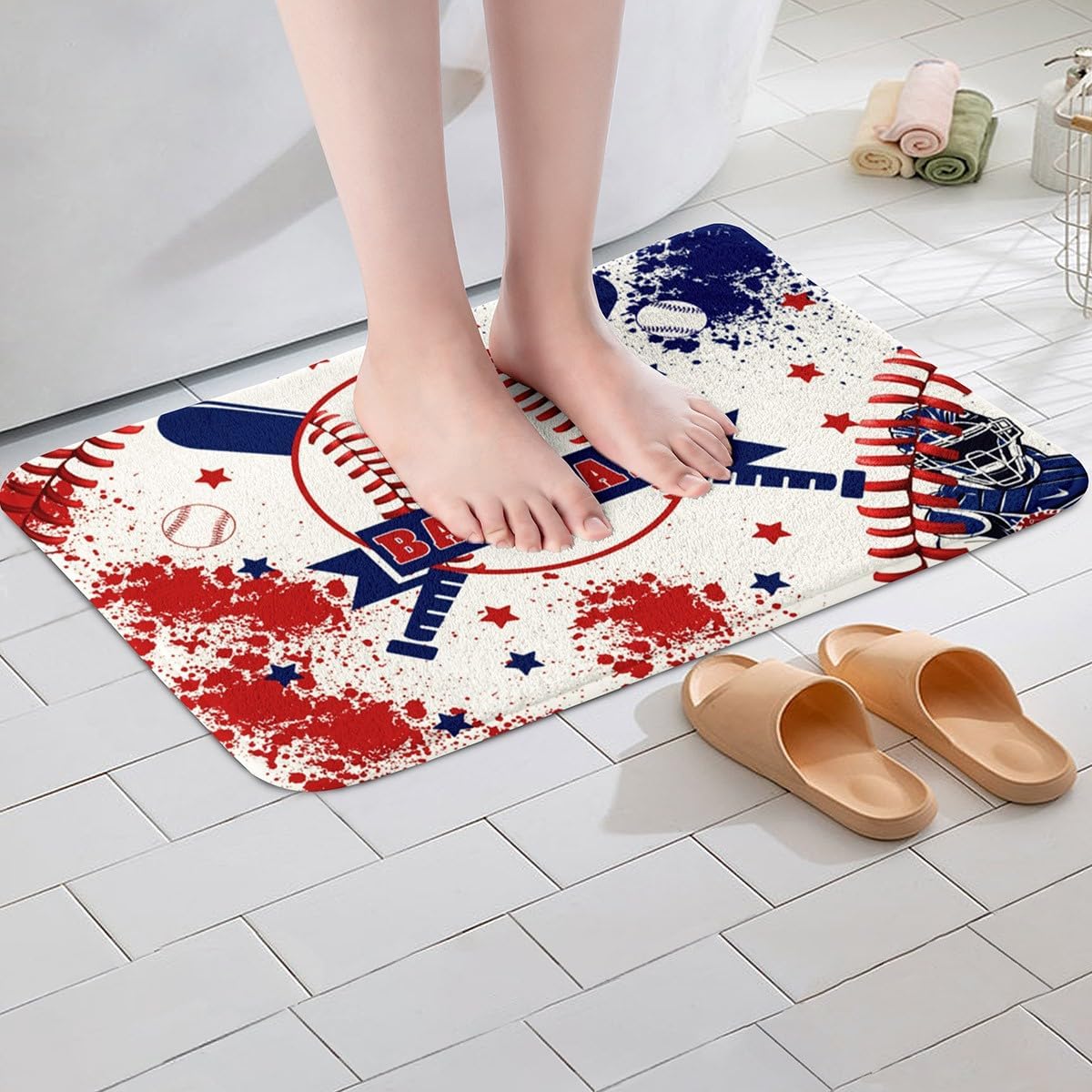 Feelyou Baseball Gaming Non Slip Bath Mat Blue Red Graffiti Soft Fleece Door Carpet for Kids Boys Girls Baseball Player Polyester Bath Rug Ball Games Sports Bathroom Floor Indoor Doormat,20x32 Inch