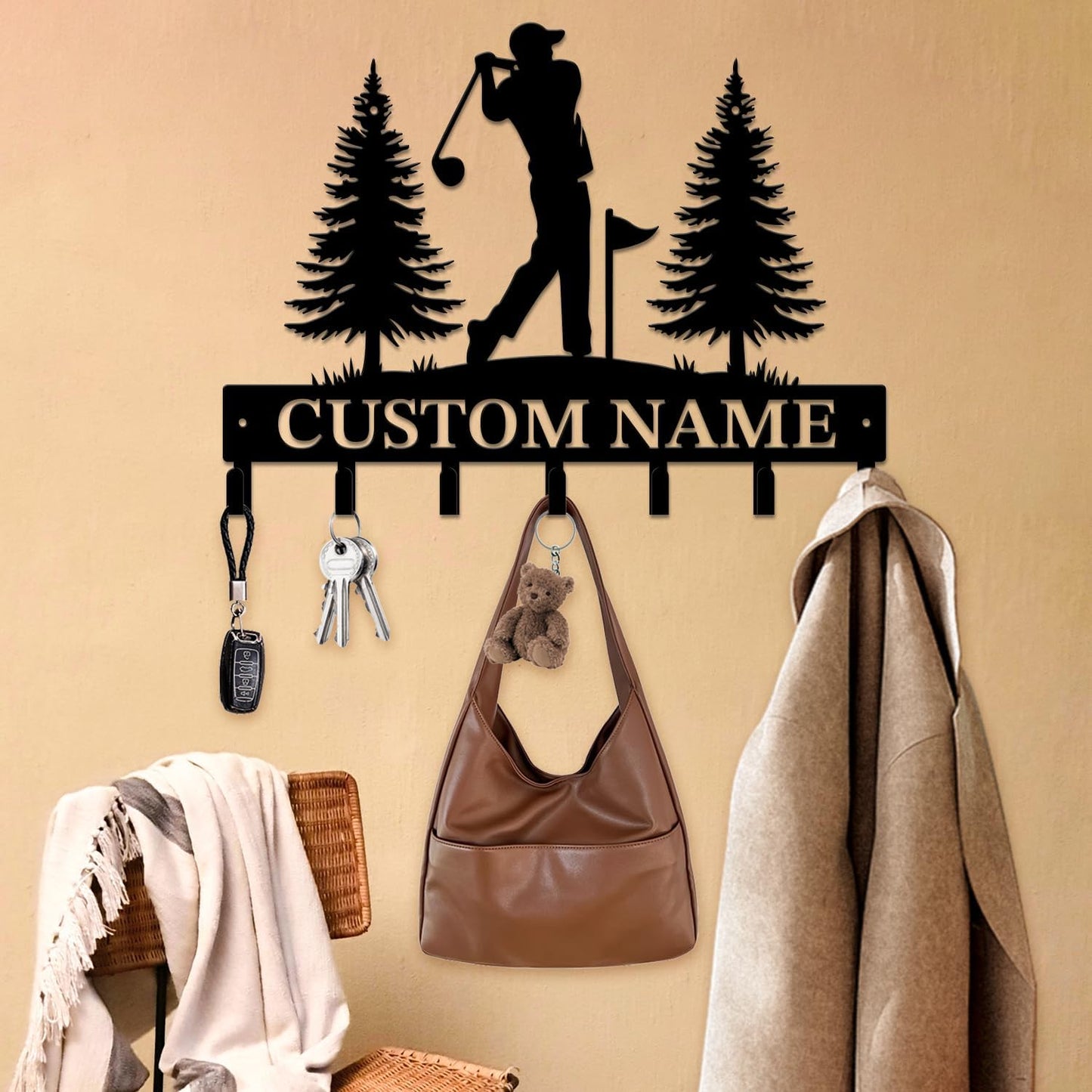 Personalized Custom Name Golf Ball Wall Keys Hooks,Metal Golf Art Clothes Hooks,Metal Golf Lover Wall Home Storage Decorative,For Front Door, Hallway, Kitchen, Bedroom,Keys,Hats (Style A)
