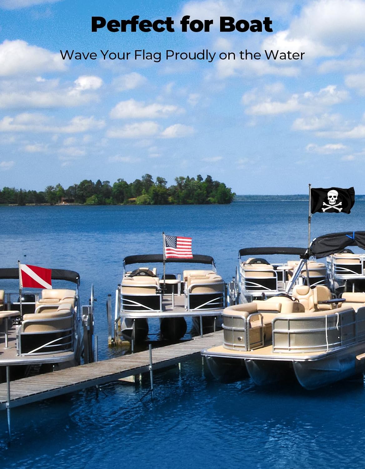 KEMIMOTO Stainless Steel Boat Flag Holder, 360° Rotating Boat Flag Pole Kit, Flag Pole Holder for 0.5''-1.75'' Round/Square Rails, for 12''x18''/8‘’x12''/4''x6'' Boat/Golf Cart Flag (2.5ft, NO Flag)