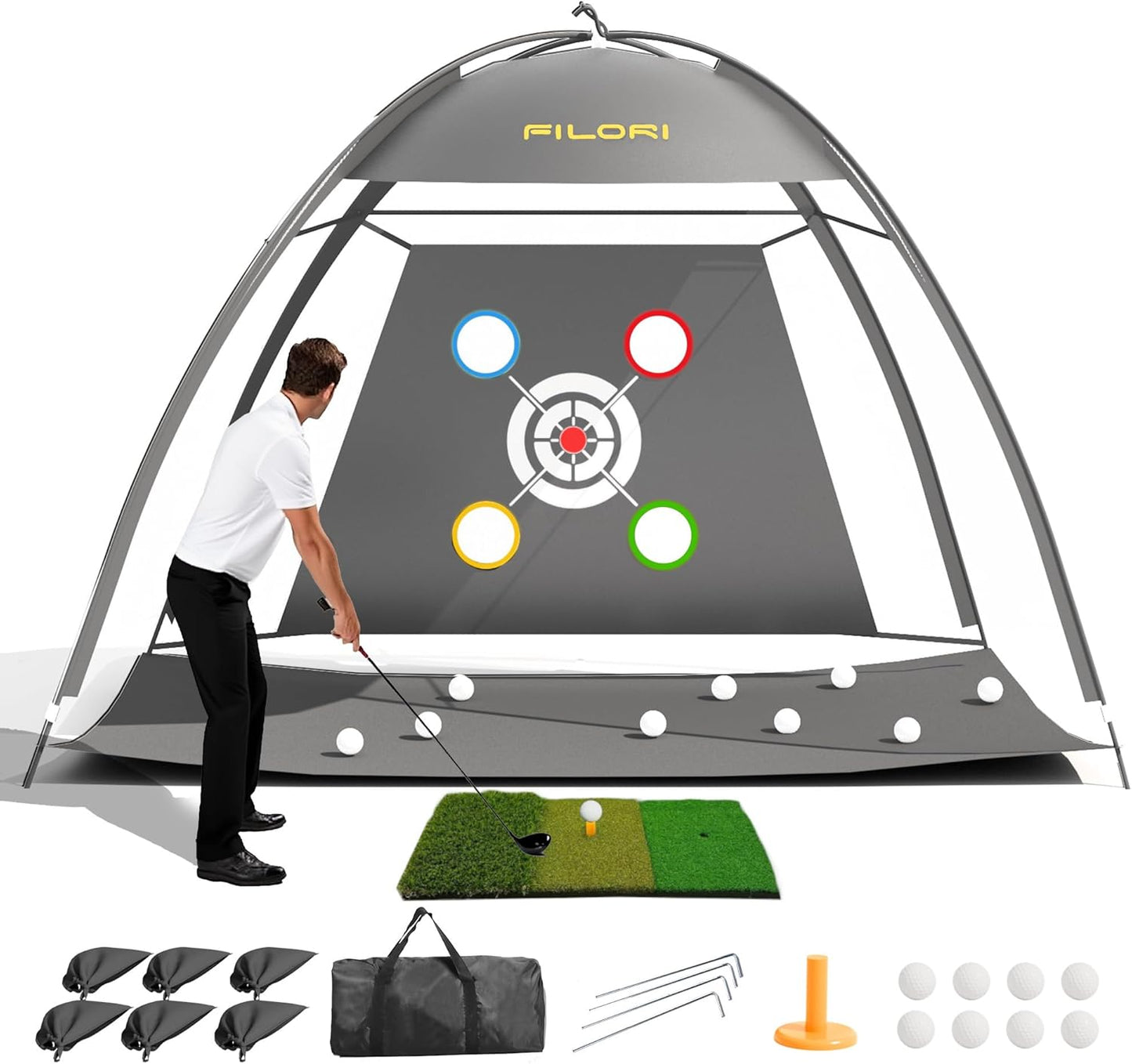 FILORI Golf Practice Net 10x7FT - Golf Hitting Net with Tri-Turf Mat, 8 Balls, Tee & Carry Bag, Indoor/Outdoor Backyard Training for Driving Chipping Swing, Ideal Gifts for Men Dad Husband Golfer