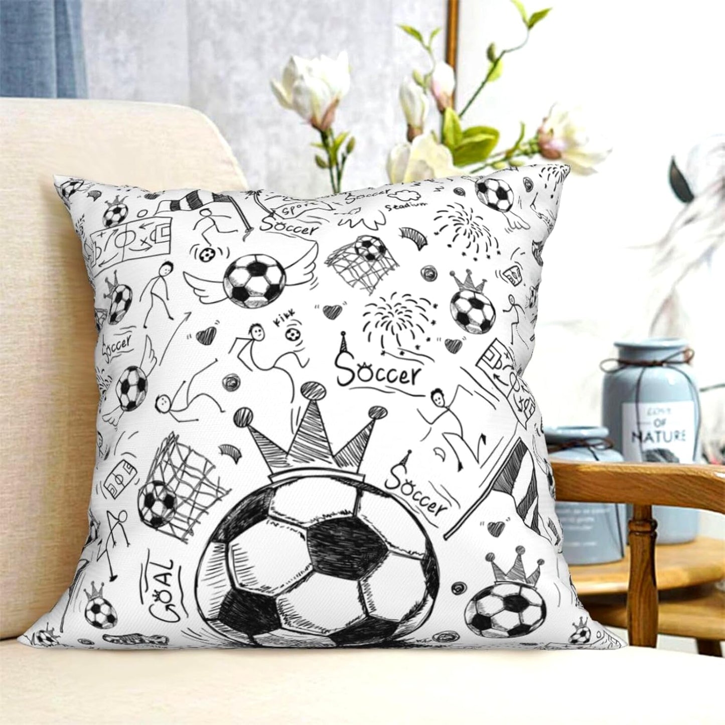 Soccer Ball Throw Pillow Covers 18x18 Inch Football Sports Decor Theme Pillowcase Gifts for Boys Men Kids Teen Home Sofa Bed Decorative Pillow Case Soccer Bedroom Decor(Cover Only)
