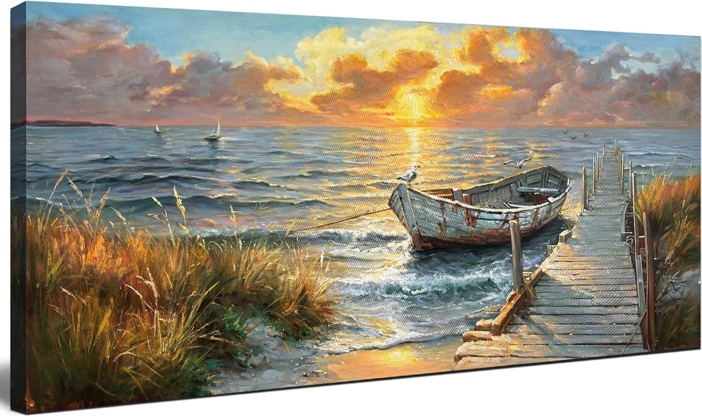 dgbtcart Ocean Sailboat Large Wall Art, Sunset Beach Painting Art Prints, Coastal Landscape Artwork for Walls, Seaside Pictures Wall Decor Living Room Bedroom Office Hotel Ready to Hang 24x48inch