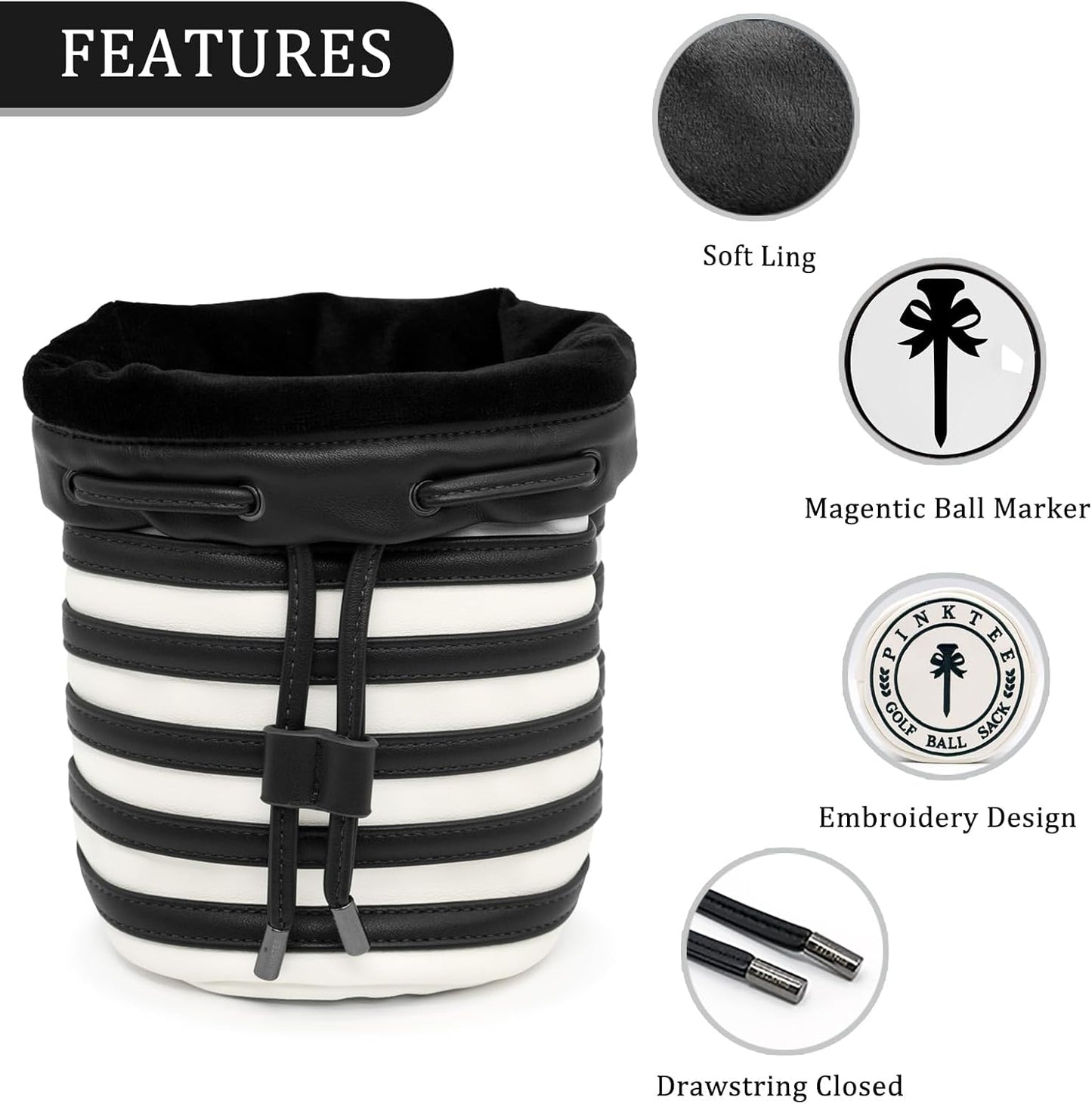 PINKTEE Golf Ball Sack Valuables Pouch Leather Bag Bucket Waist Design with Removable Magnetic Ball Marker