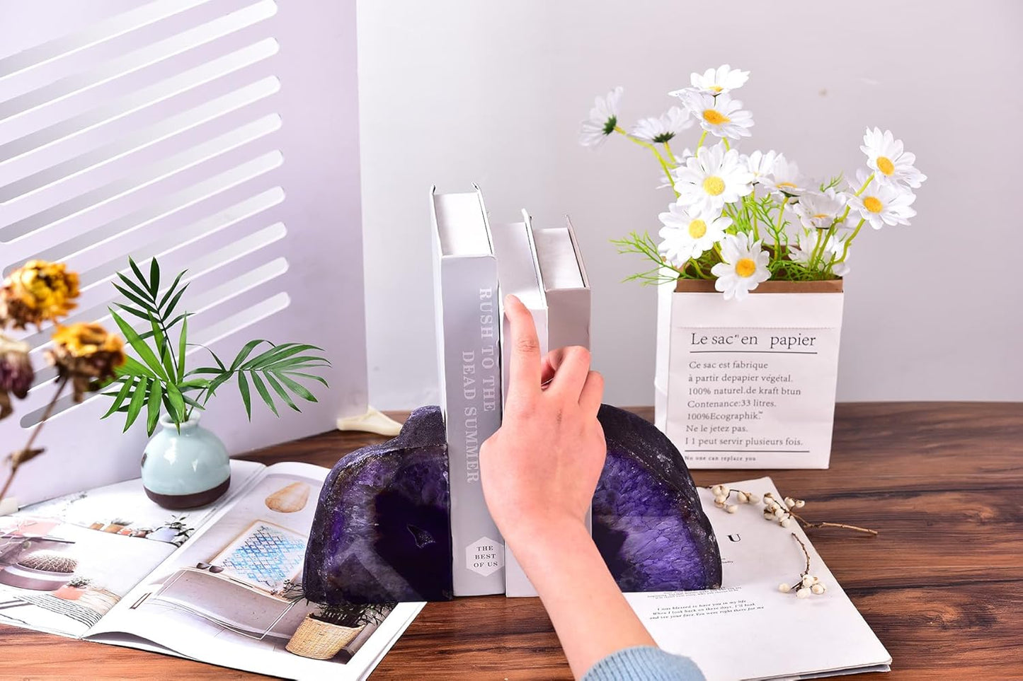 AMOYSTONE Agate Bookends Purple Decorative Stone Book Holders for Hardback Book or Cookbooks, Unique Stone Book Stoppers Bookends 4-5 LBS with Rubber Bumpers, Home Office Decor