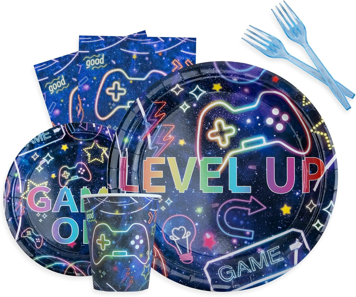 Video Game Birthday Party Decorations | Serve 24 - Game Party Tableware Includes Plates, Napkins, Cups, Forks, Supplies for Boys Gaming