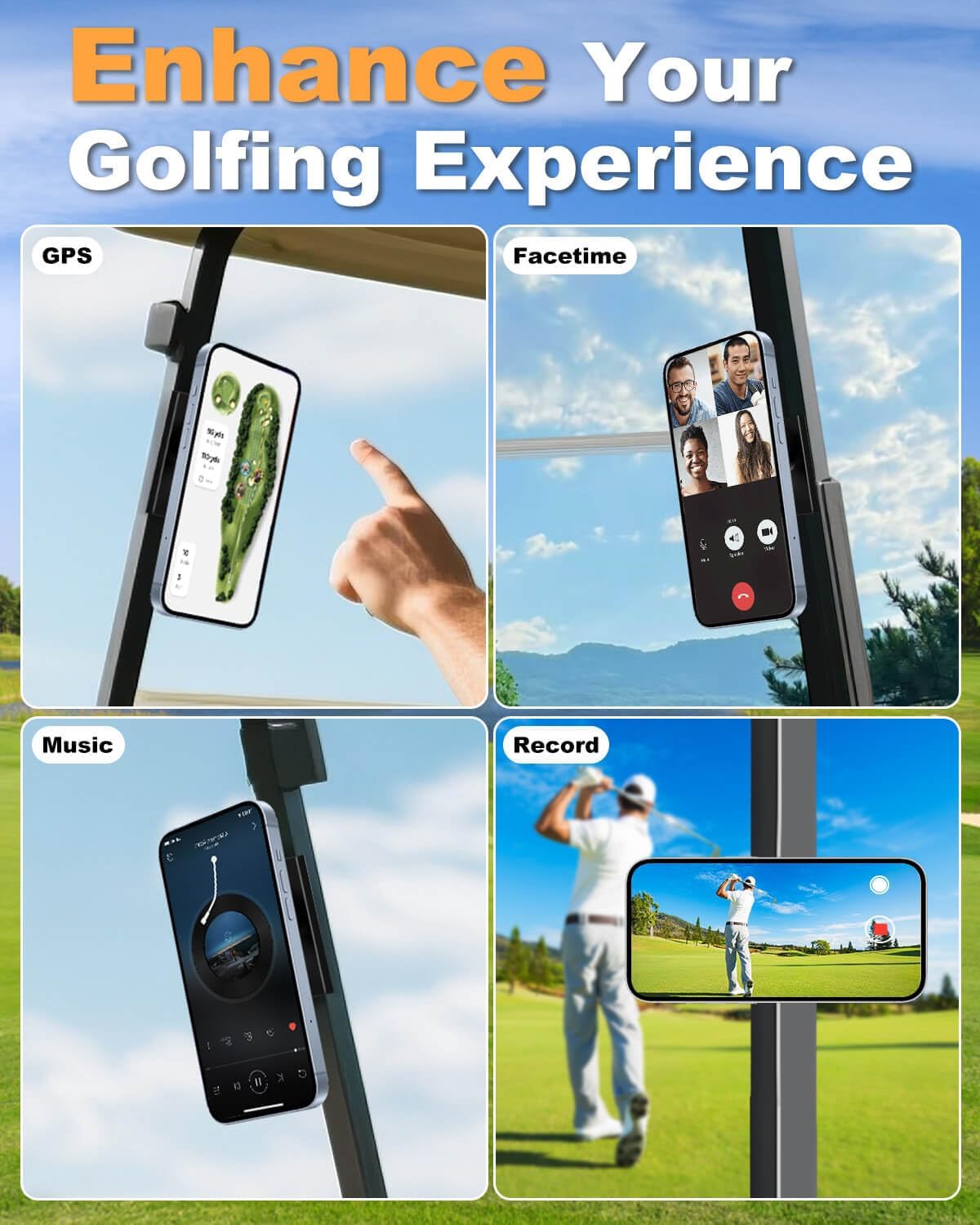 Magnetic Golf Cart Phone Holder with Strong Magnets & Safety Strap Double Protection Fit for Magsafe iPhone/Galaxy/Google Pixel, Golf Cart Phone Mount Compatible with EZGO/Club Car/Yamaha/ICON
