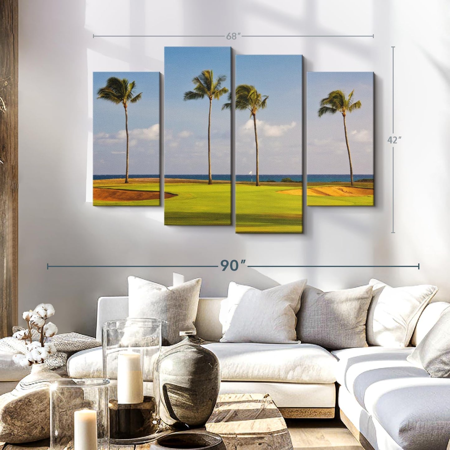 Elephant Stock Hawaiian Golf Course Wall Art - Horizontal Canvas - 4-Piece Living Room Wall Decor - Photography Sports Canvas Print - Green and Yellow Decor for Wall - 68" X 42"