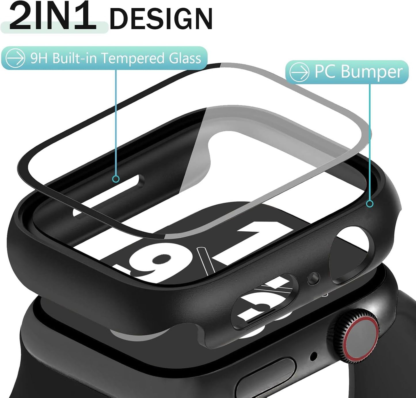 JR.DM 45mm 2 Pack Hard PC Case with HD Tempered Glass Screen Protector for Apple Watch Series 9/8/7, Slim Guard Bumper Full Coverage Protective Anti-Scratch Face Cover for iWatch, Black+Clear