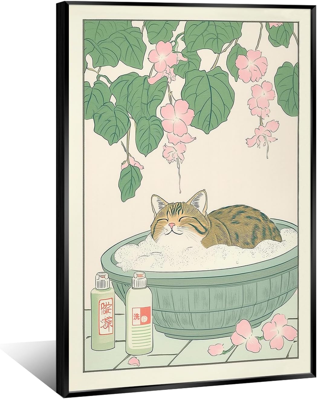 Vintage Tabby Cat in The Bathtub Posters Funny Bathroom Wall Art Cute Animal Lover Canvas Prints Japanese Aesthetic Neutral Minimalist Wall Decor for Dorm Restroom 20x30in Framed