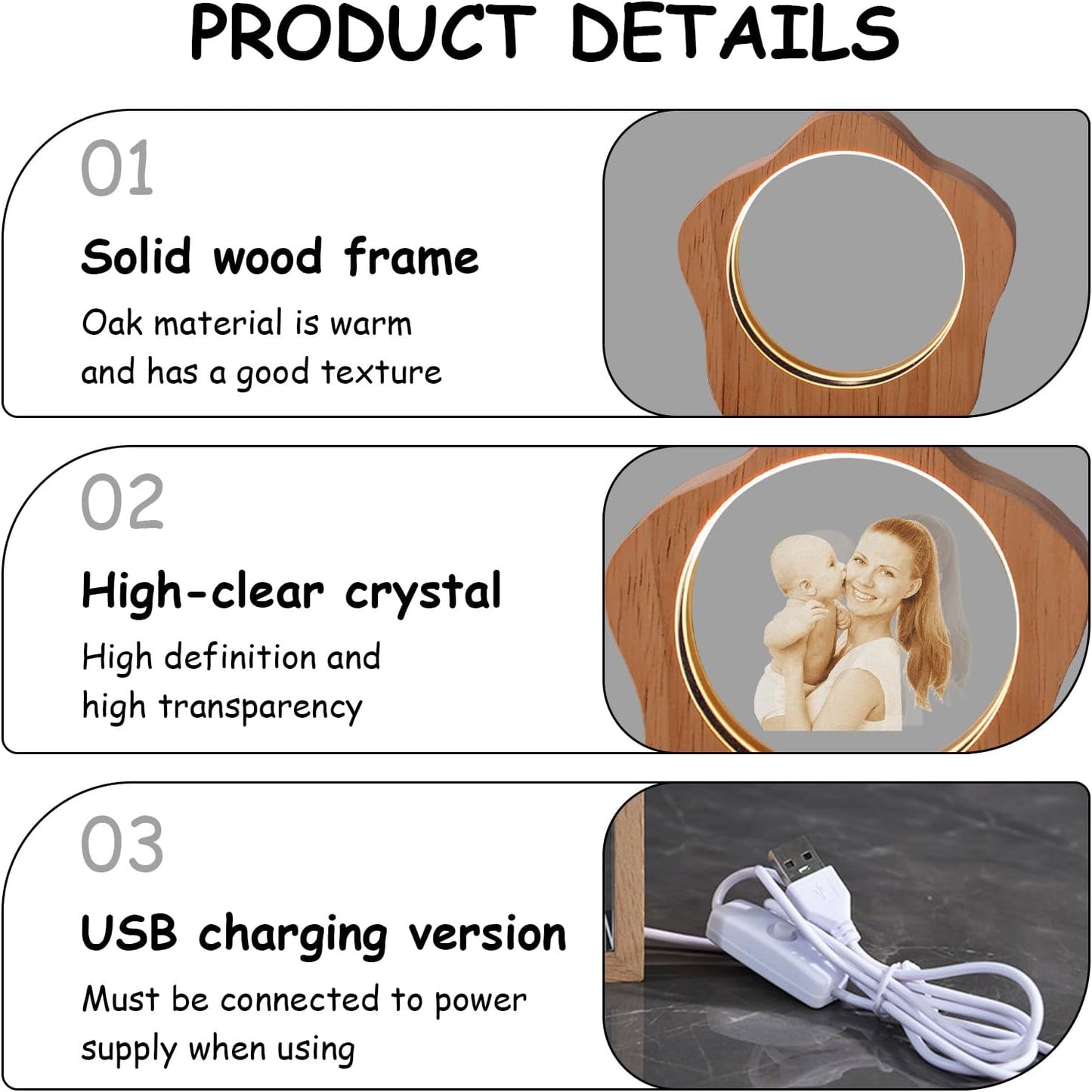 Custom 3D Crystal Photo Night Light – Personalized Glass Photo Ball with Customized 3D Picture Engraving, LED Light Wood Base, Unique Custom Gifts for Family, Pets, Birthday，Valentine's Day (Style 5)