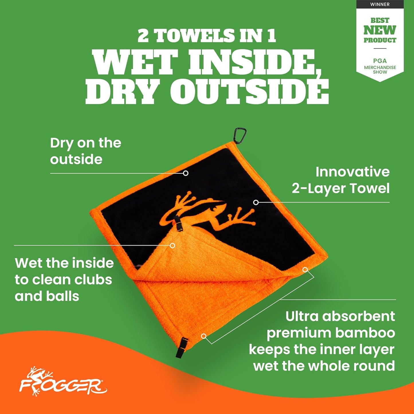Frogger Amphibian 2-in-1 Golf Towel with Wet and Dry Technology, Green, Premium Golf Bag Accessory with Carabiner Clip, Ultra Absorbent, for Golf Dads