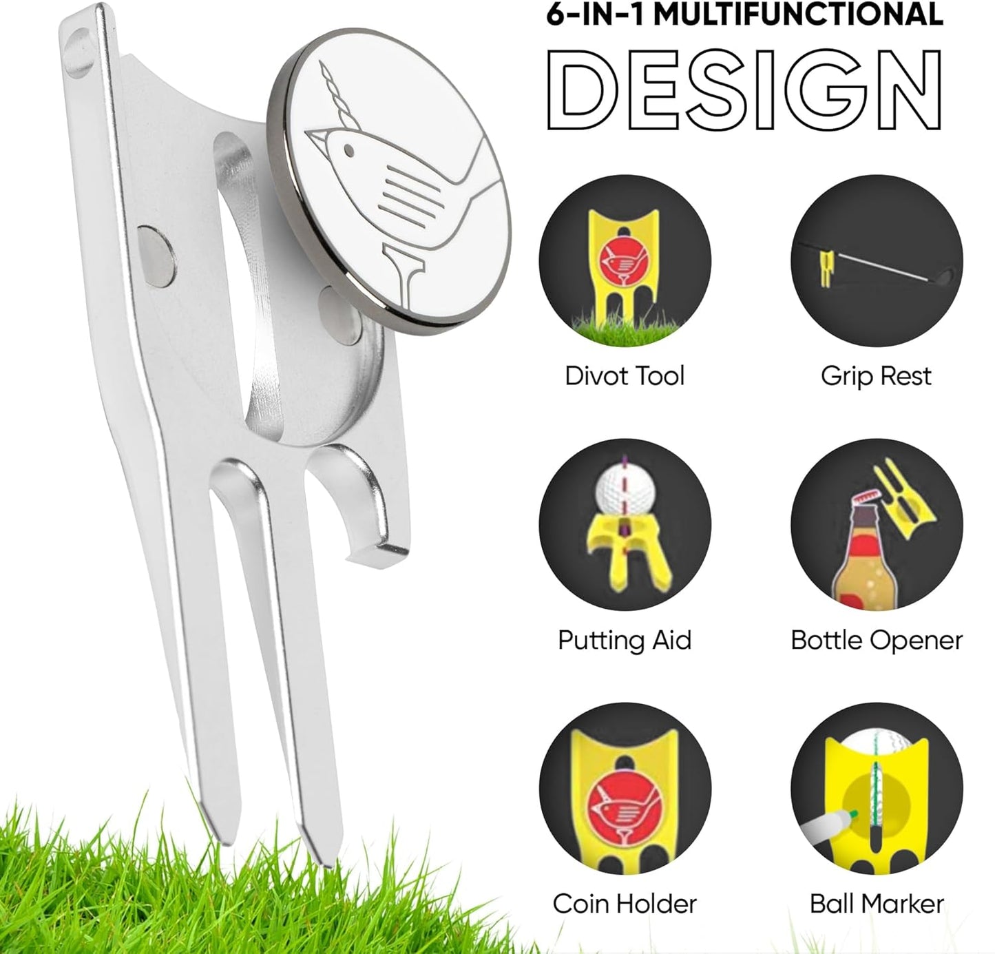 Birdicorn Golf Divot Repair Tool & Golf Ball Marker 6-in-1 Golf Divot Tool