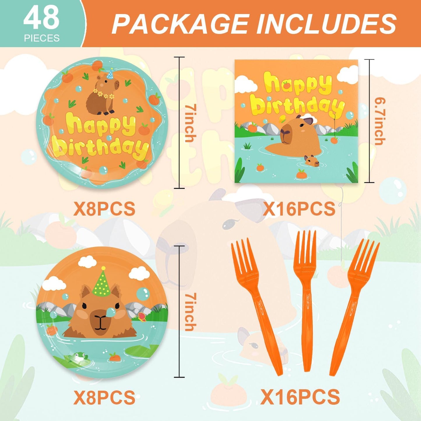 48Pcs Capybara Birthday Decorations Cartoon Capy Theme Baby Shower Plates and Napkins Forks Serves 16 Guests Capybara Birthday Party Decorations