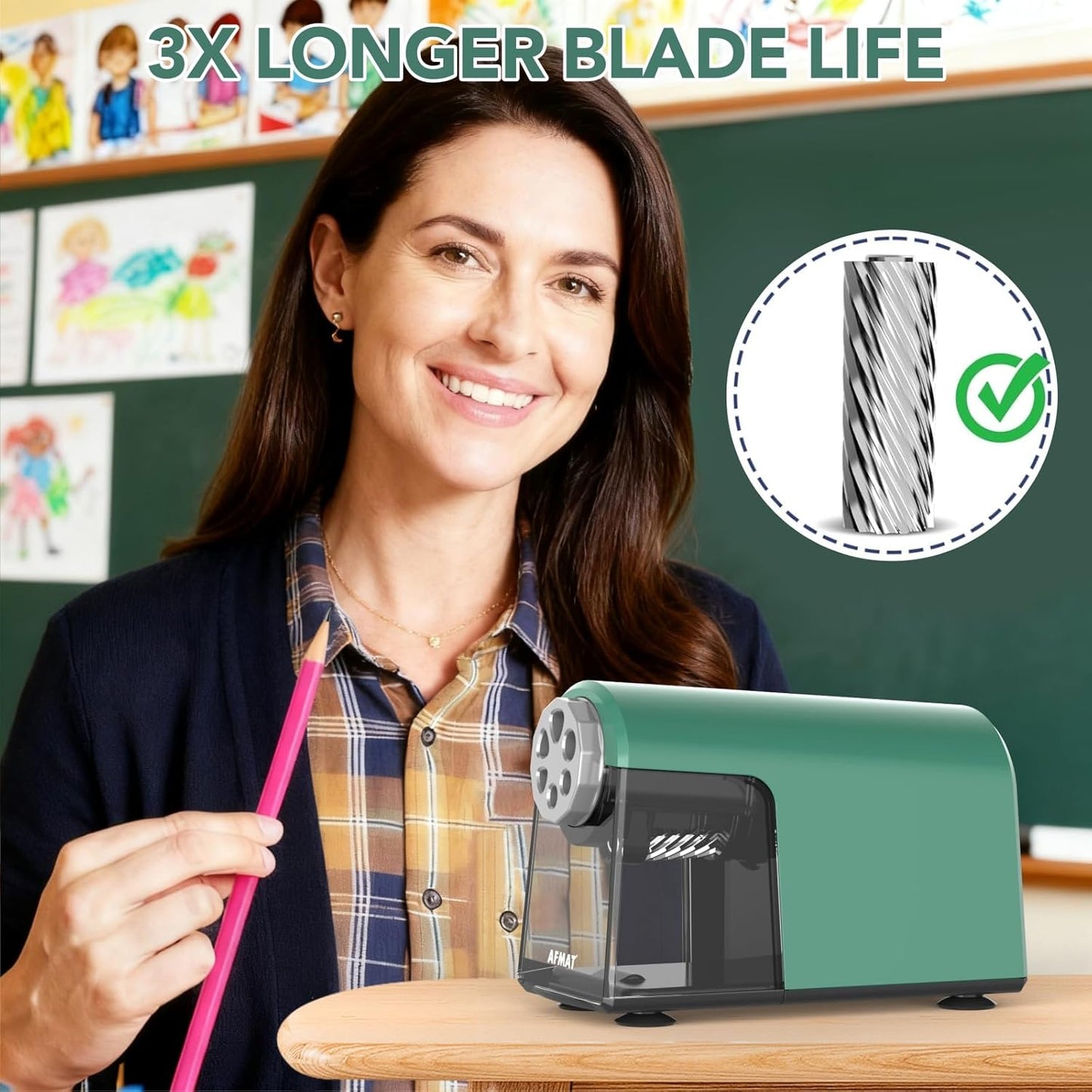 AFMAT PSD2 Electric Pencil Sharpener Heavy Duty, 6 Holes, Cordless & Rechargeable, Fast Sharpen, Auto Stop, 10K+ Uses, Classroom Pencil Sharpener for 6-11mm No.2/Large/Colored Pencils, Green