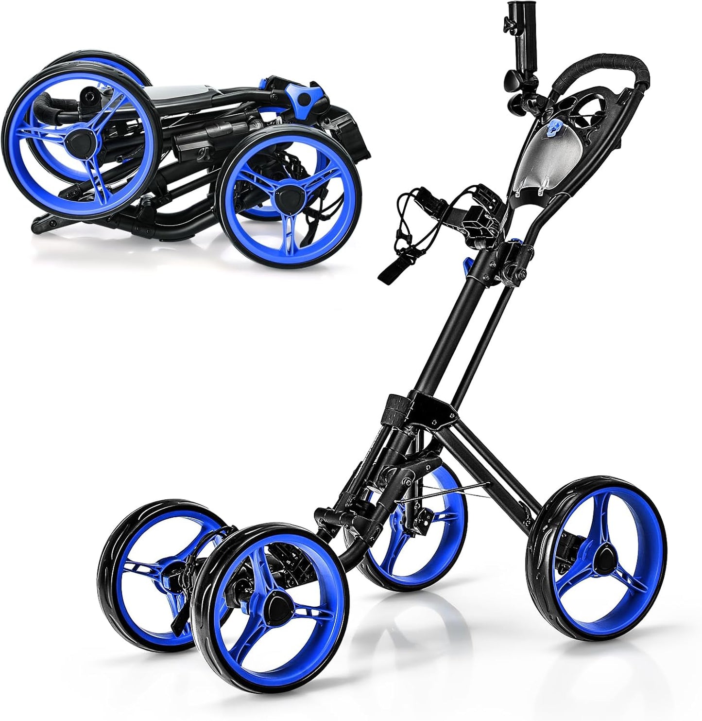 ULTIMATE 4 Wheel Golf Push Cart, Folding Golf Walking Cart w/Elastic Straps, Umbrella&Cup Holder, Scoreboard Storage, Lightweight Golf Trolley Cart w/Height Adjustable Handle&Foot Brake