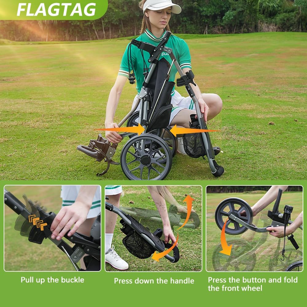Golf Push Cart 3 Wheel, Folding Golf Cart with Foot Brake,Cooler Bag, Umbrella Holder, Cup Holder, Storage Compartment