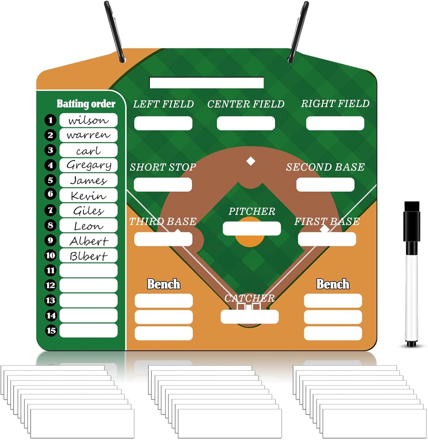 Geyee 34 Pcs Magnetic Baseball Lineup Board for Coach, Erases Easily Magnetic Dugout Board Softball Coaching Board with 30 Lineup Cards 2 Snap Hooks and Marker Pen
