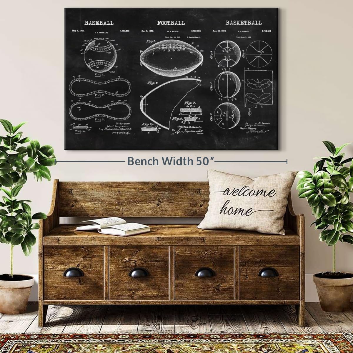 ElephantStock Sports Balls Compilation BW Patent Canvas - 1 Panel Patent Wall Art Decor - Sports Decorations for Boys Room - Wall Art and Office Decor - 45" X 30"