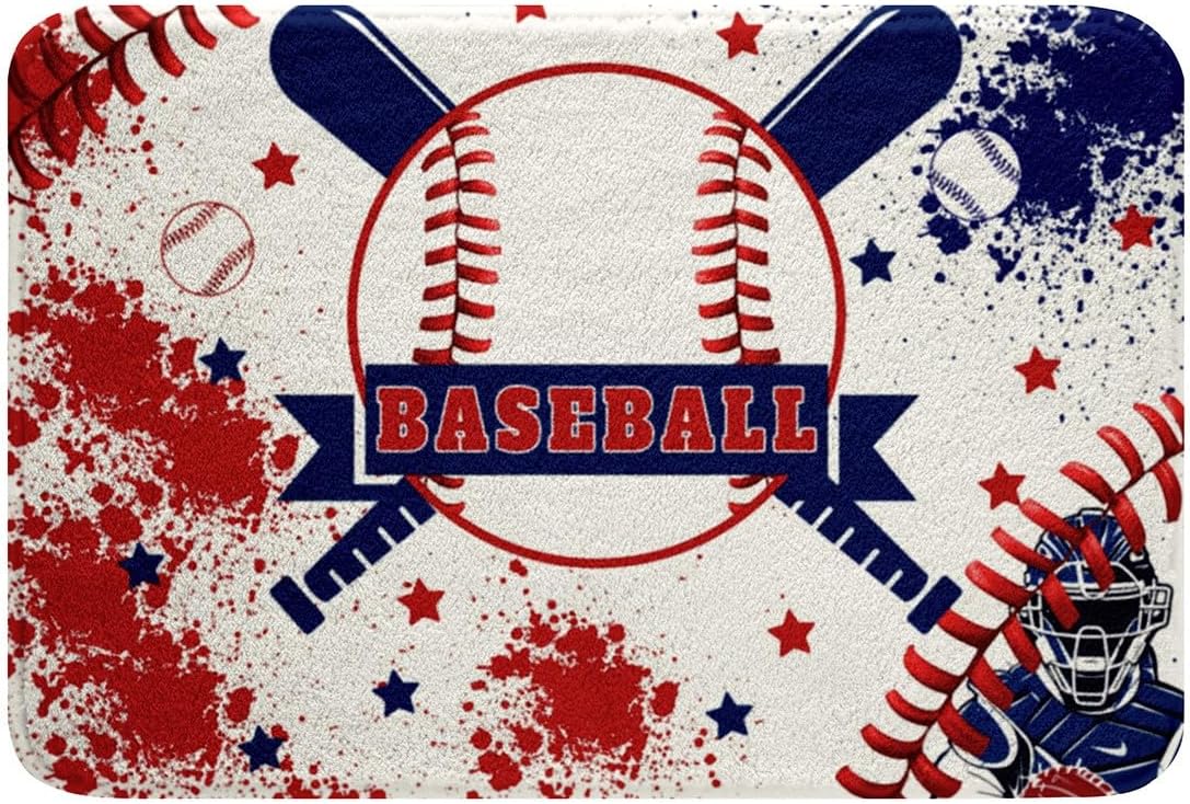 Feelyou Baseball Gaming Non Slip Bath Mat Blue Red Graffiti Soft Fleece Door Carpet for Kids Boys Girls Baseball Player Polyester Bath Rug Ball Games Sports Bathroom Floor Indoor Doormat,20x32 Inch