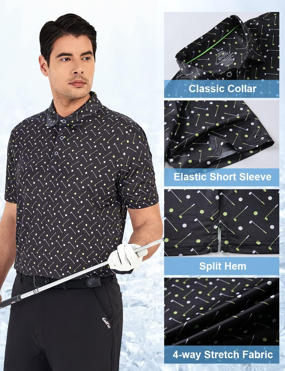 Hodaweisolp Golf Shirts for Men Dry Fit Print Moisture Wicking Performance Short Sleeve Polo Shirt