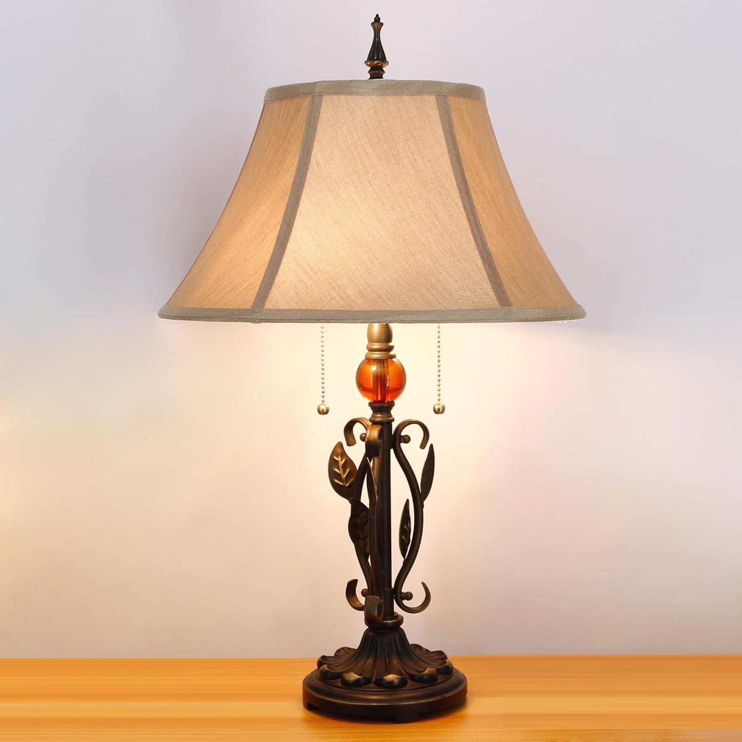 Table Lamp Mid-Century Yellow Fabric Desk Reading Light with Antique Resin Metal Leaf Base 25 Inch Tall Decor for Living Room Office Bedroom