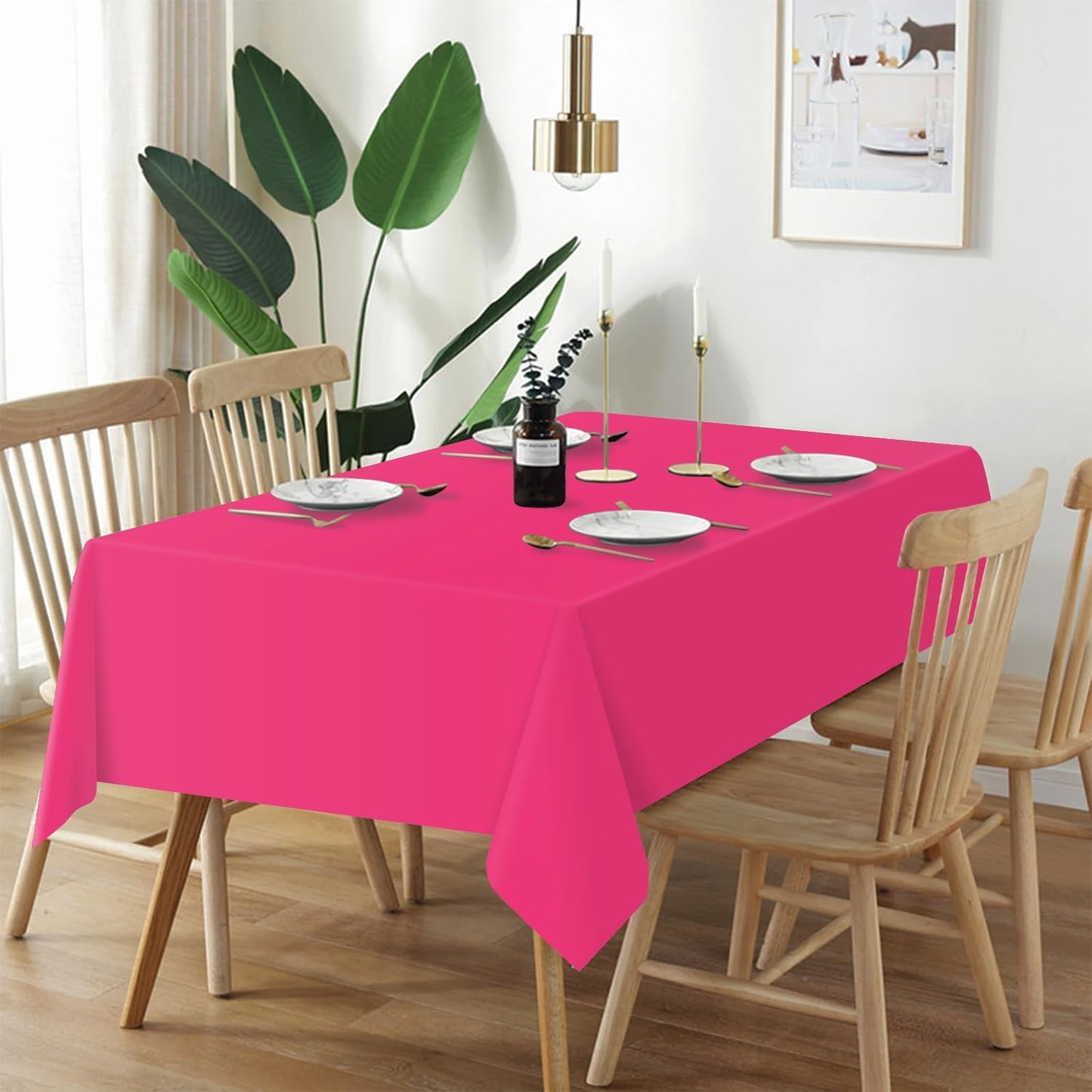 QIKSION Plastic Table Cloth Disposable 12 Pack, 54 x 108 Inch Tablecloths for Rectangle Tables, Hot Pink Plastic Table Cover