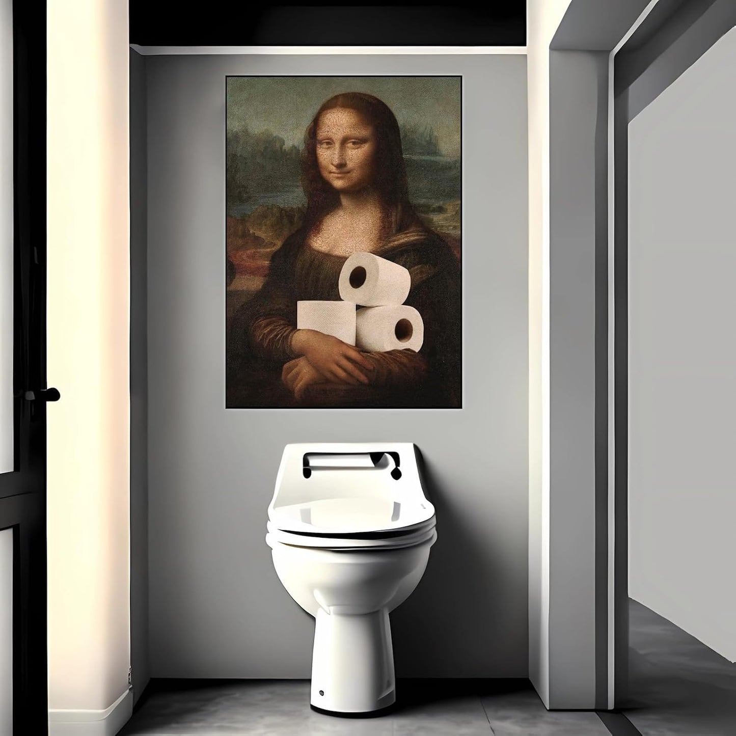 Funny Bathroom Wall Art Classical Oil Painting Mona Lisa and Toilet Paper Poster Amusing Prank Canvas Prints Vintage Humor Wall Decor for Restroom 20x30in Framed