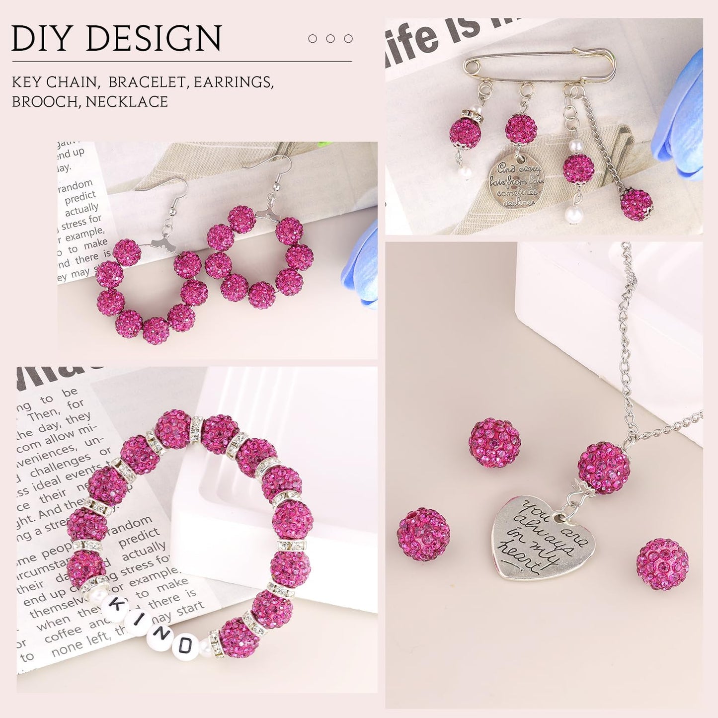 100 pcs 10mm Rhinestone Beads for Jewelry Making, Fuchsia Shiny Round Shamballa Disco Beads Bulk, Sparkle Crystal Clay Christmas for Bracelet Baseball Necklace Earring Crafting and DIY