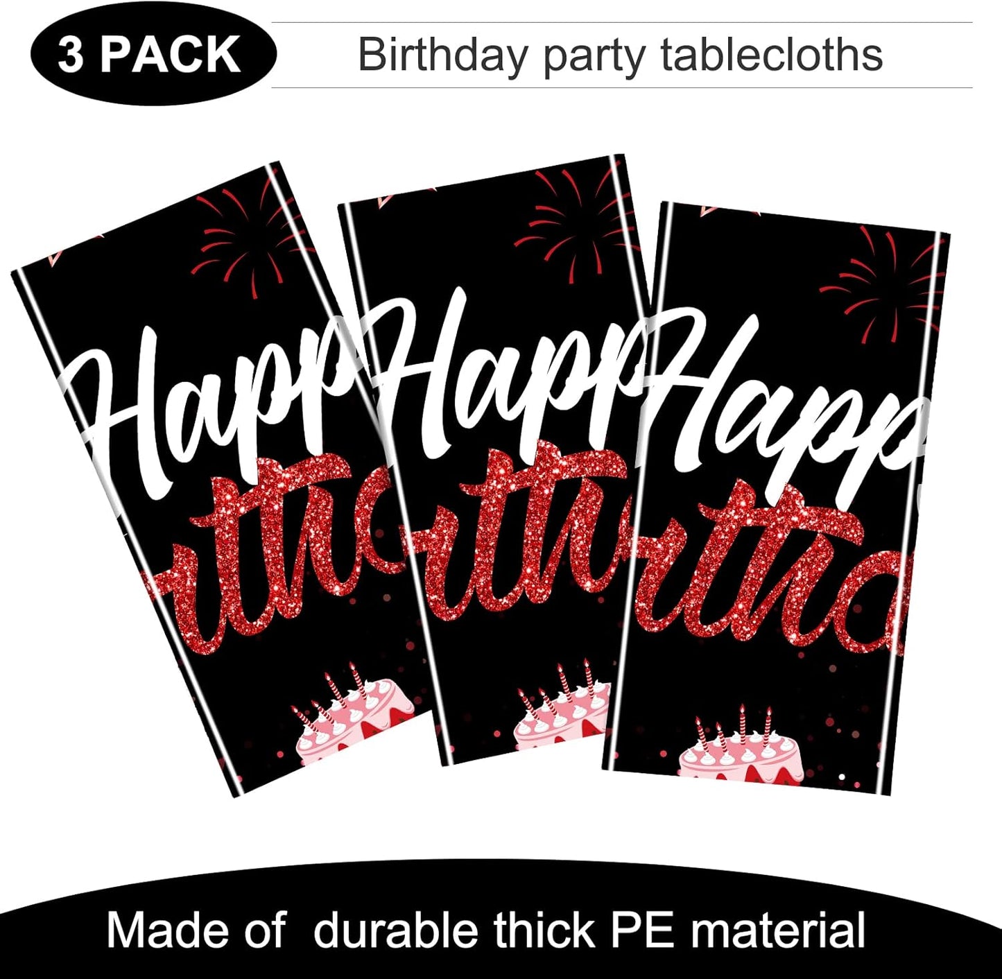 Breling 3 Pack Birthday Party Supplies Confetti Sprinkles Happy Birthday Tablecloths Starry Table Covers for Kids Adults Party Decorations, 54 x 108 Inches (Red and Black)
