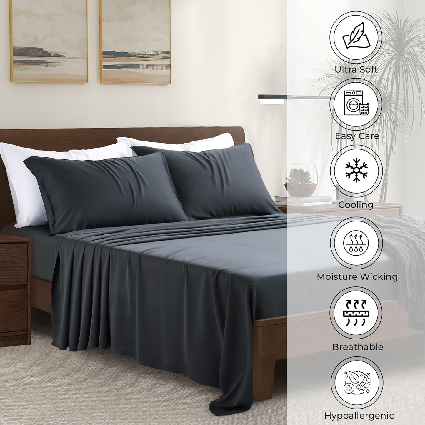 Luxury Bamboo Market | King Envelope Pillowcase Set | 100% Viscose Made from Bamboo | Organically Grown | Ultra Soft | Cooling | 2pcs [Charcoal Grey]