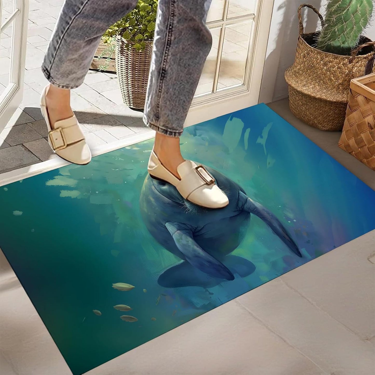 Manatee Indoor Door Mat,Non-Woven Fabric Door Mat,Anti-Slip Backing Welcome Mat for Front Door,Indoor Entrance,Kitchen, Bedroom,Living Room-Durable Floor Mat for Home Decor & All Seasons