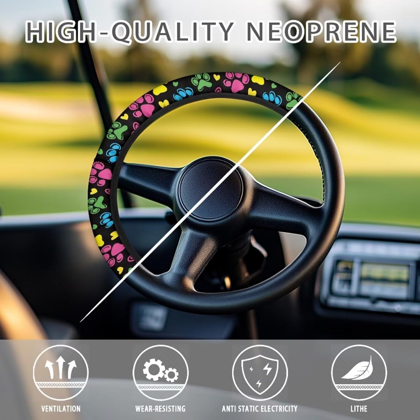Fashion Dog Paw Steering Wheel Cover Colorful Universal Fit Golf Cart Steering Wheel Covers Anti-Slip Club Car Golf Cart Accessories 13-14 Inch Cooling in Summer