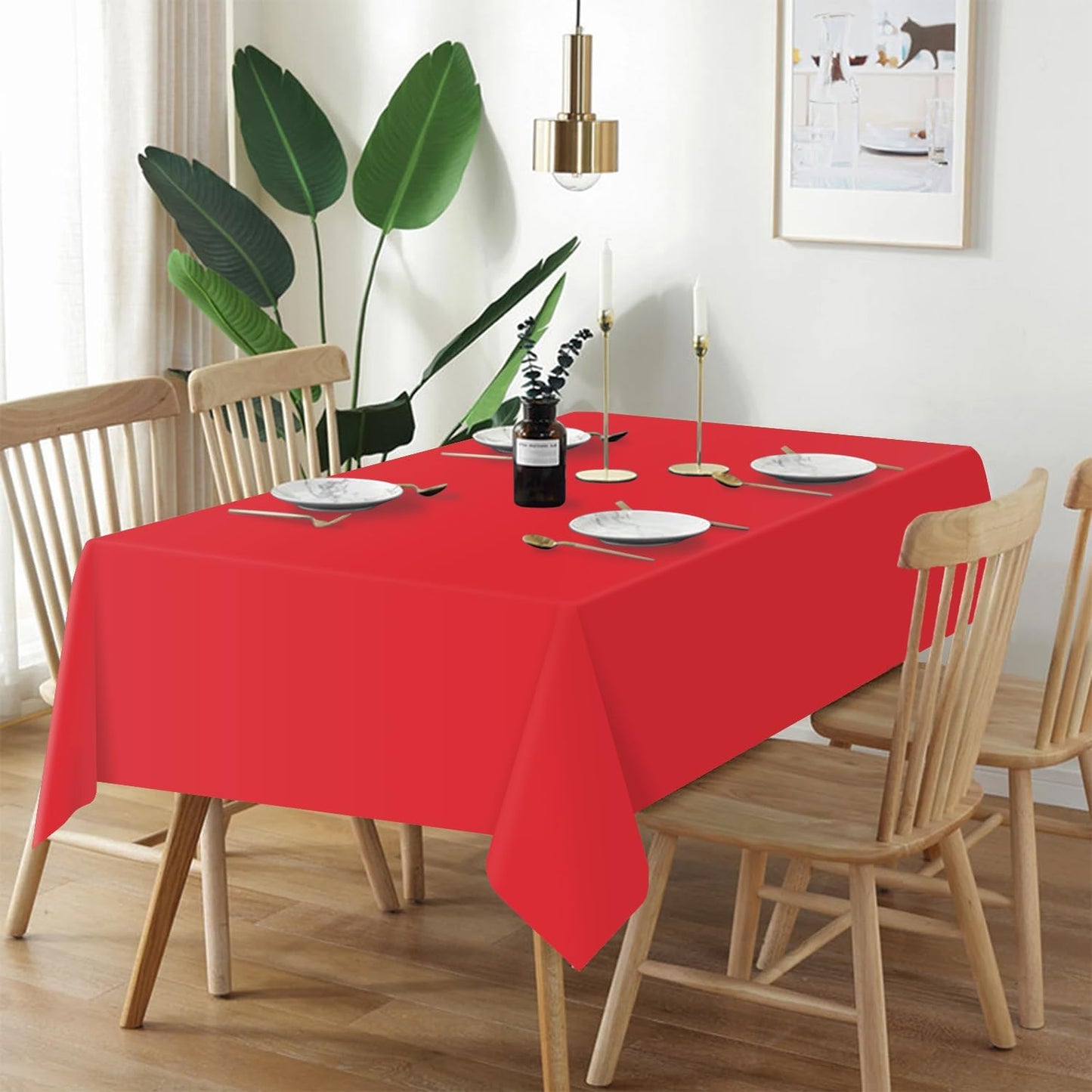 QIKSION Plastic Table Cloth Disposable 6 Pack, 54 x 108 Inch Tablecloths for Rectangle Tables, Red Plastic Table Cover
