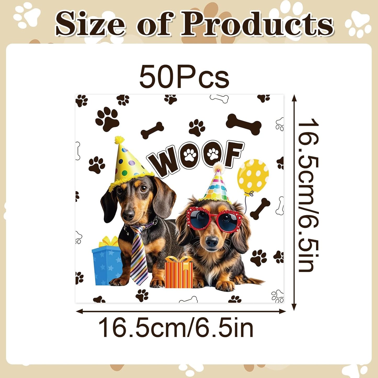Dachshund Party Napkins Decor, 50PCS Dog Lets Pawty Birthday Decorations, Disposable Weiner Paper Napkins Set Supplies Size 6.5 Inch