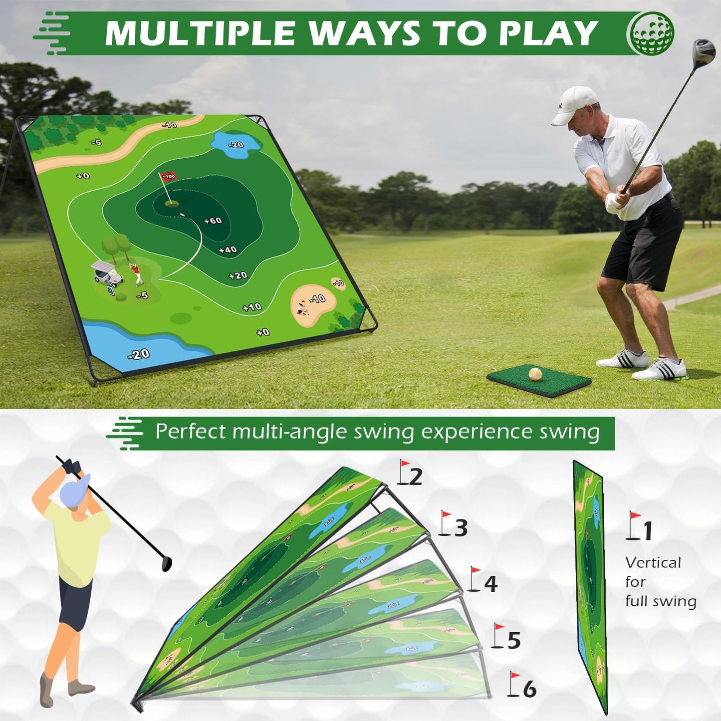 MOLACHI Golf Chipping Game, 71"x71" Portable Sticky Golf Play Mat, Indoor Outdoor Golf Practice, 2 Adjustable Clubs ＆ 20 Sticky Golf Balls for Adults, Family Fun Yard Game Golf Lawn Activity