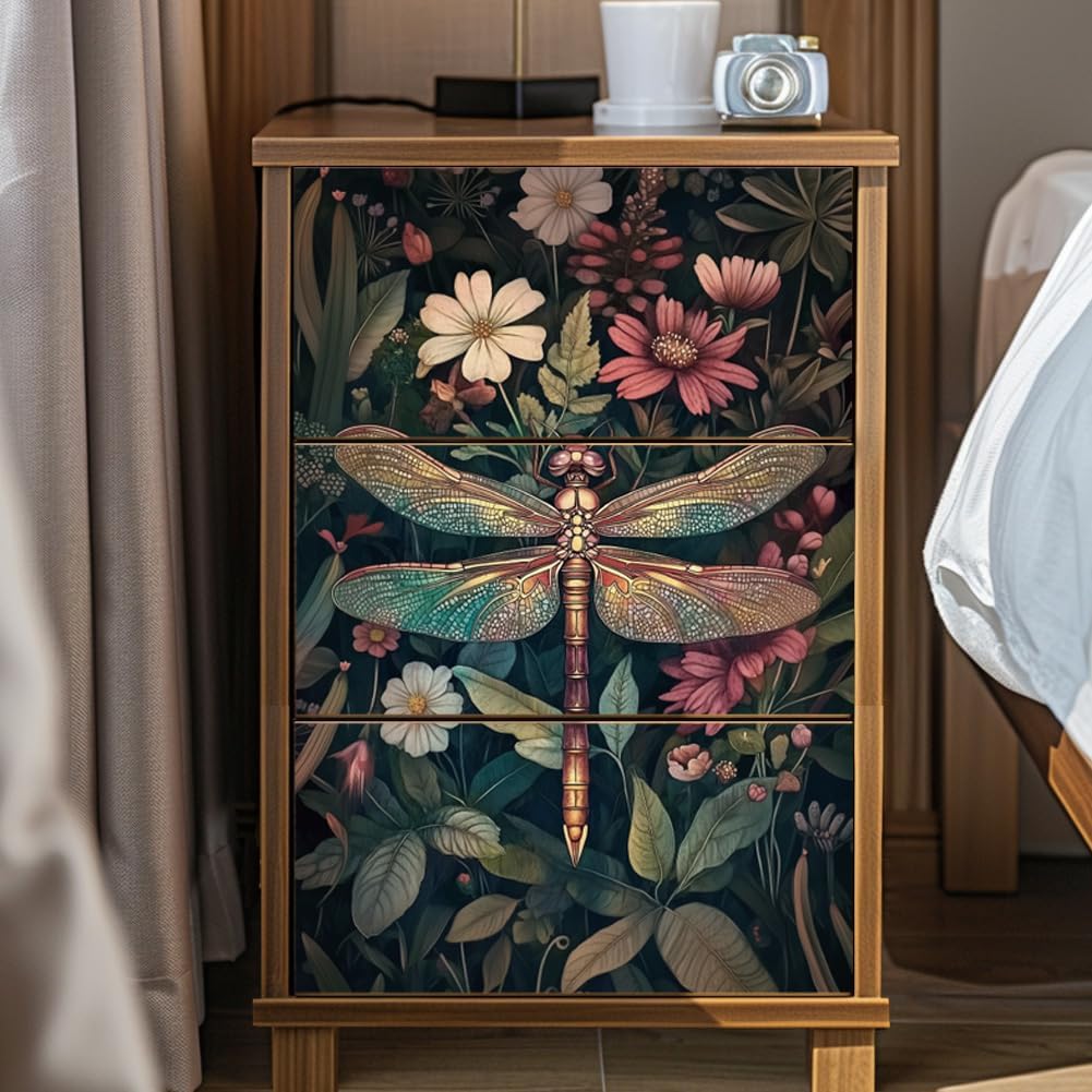 Peacoblue Rub on Transfer Decal Sticker for Furniture Craft Decor 6"x12" Vintage Dragonfly and Flowers, 3Pcs Waterproof UV DTF Transfer for Drawer Dresser Glass Porcelain Wood Plastic Window