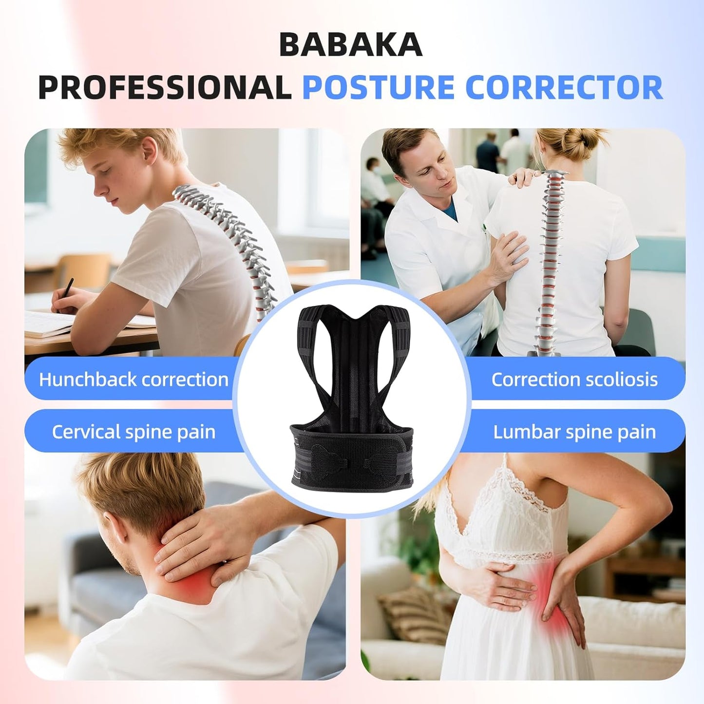 babaka Posture Corrector for Women and Men, Adjustable Full Back Support, Upper and Lower Back Pain Relief, Back Brace, Shoulder Straightener, Scoliosis, Hunchback, Thoracic, Spine Corrector (Medium, Waist: 28''-36'')