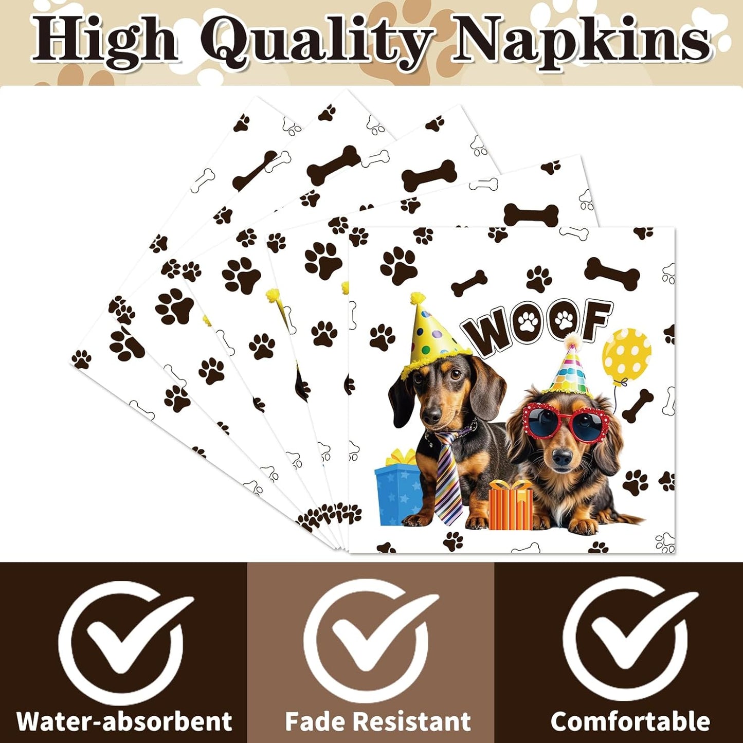 Dachshund Party Napkins Decor, 50PCS Dog Lets Pawty Birthday Decorations, Disposable Weiner Paper Napkins Set Supplies Size 6.5 Inch