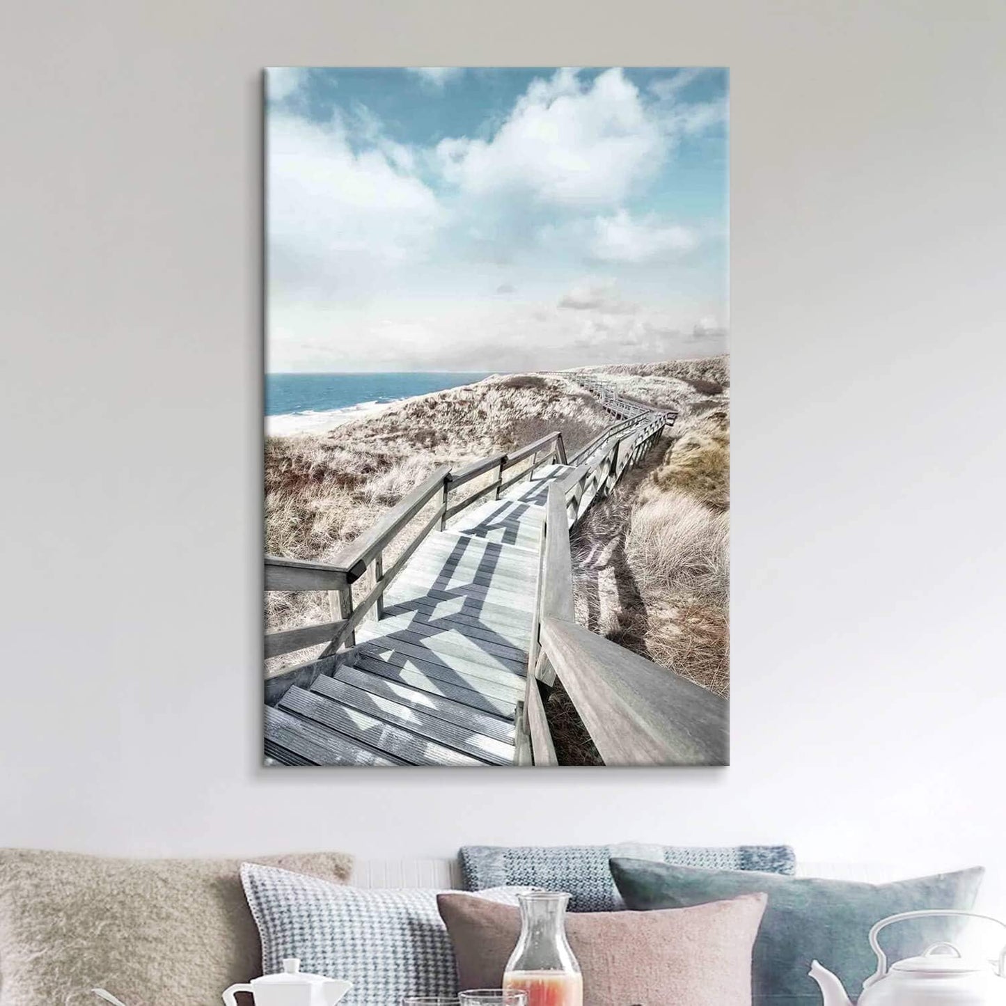 Beach Pier Canvas Wall Art: Boardwalk Stair Picture Graphic Art Painting for Wall Decor(24''x36'')