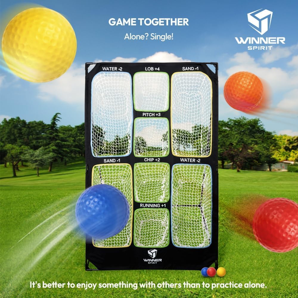 WINNER SPIRIT Play 707 Golf Chipping Game Net with Rough Mat, 16 Foam Golf Balls, Scorecard, Carry Bag | Golf Chipping Trainer Training Indoor Outdoor Outside Park Beach Backyard (Clubs not Included)